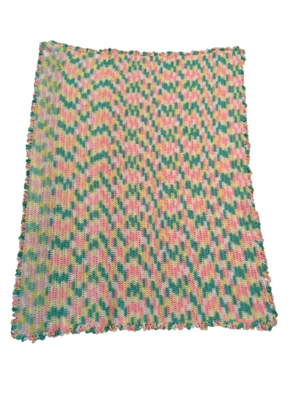 Handmade Multicolored Crochet Baby Blanket With Ruffled Edge Pink Yellow Green &